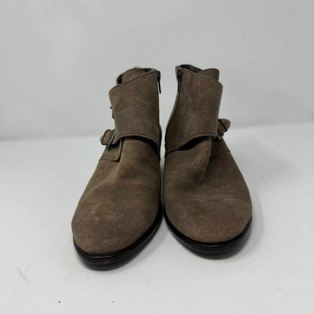 Aerosoles Women Taupe Suede Buckle‎ Ankle Boots Block Heel Side Zip Size 8.5